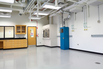 Safety features abound: fume hood, explosion protection, pull station and pristine condition